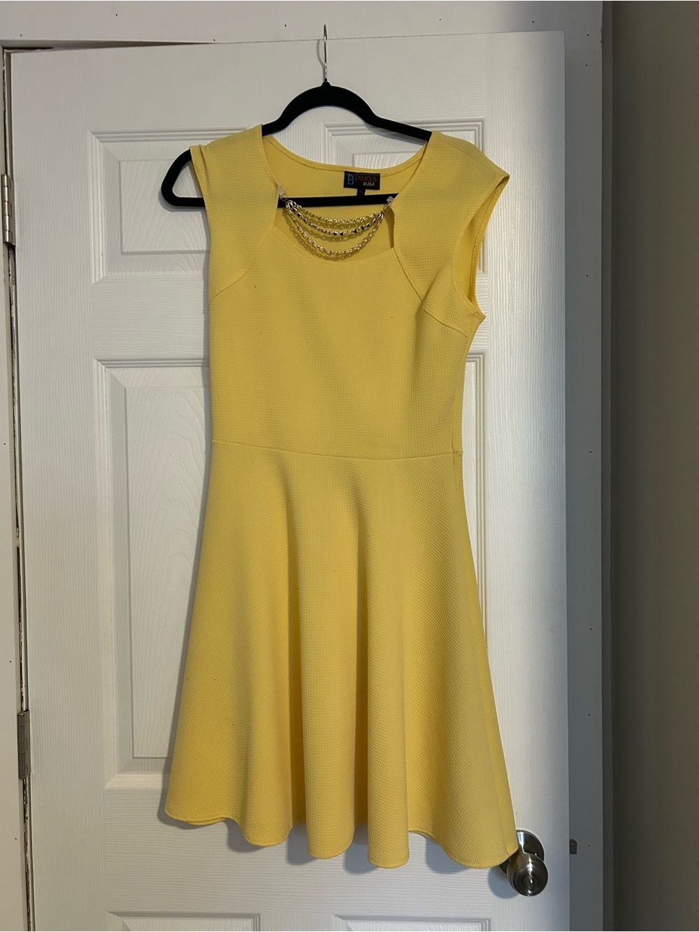 Cap-Sleeve Yellow Mini Dress with Chain Detail